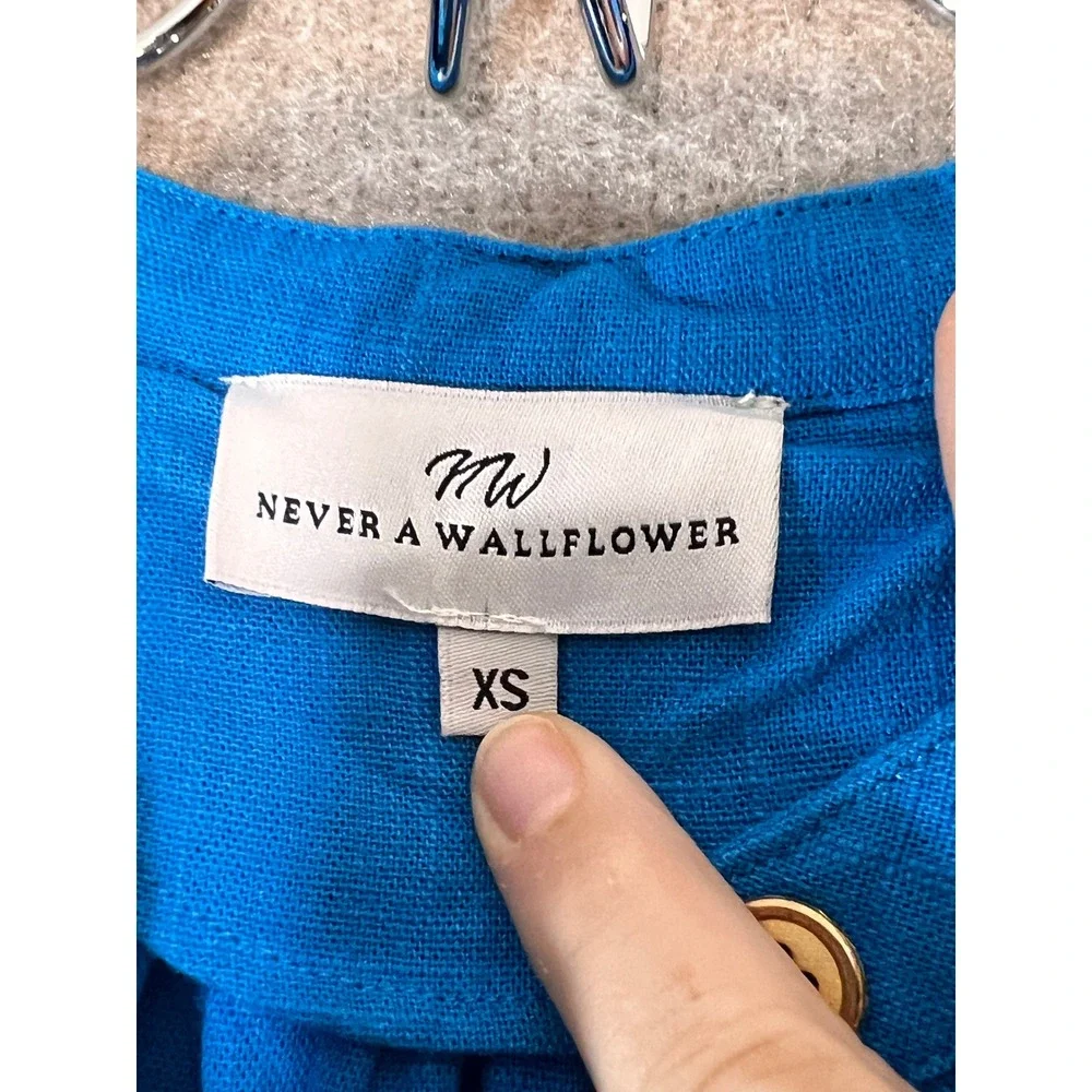 Never A Wallflower Dress Women XS Blue Cotton Oversized Tunic Mini Pockets